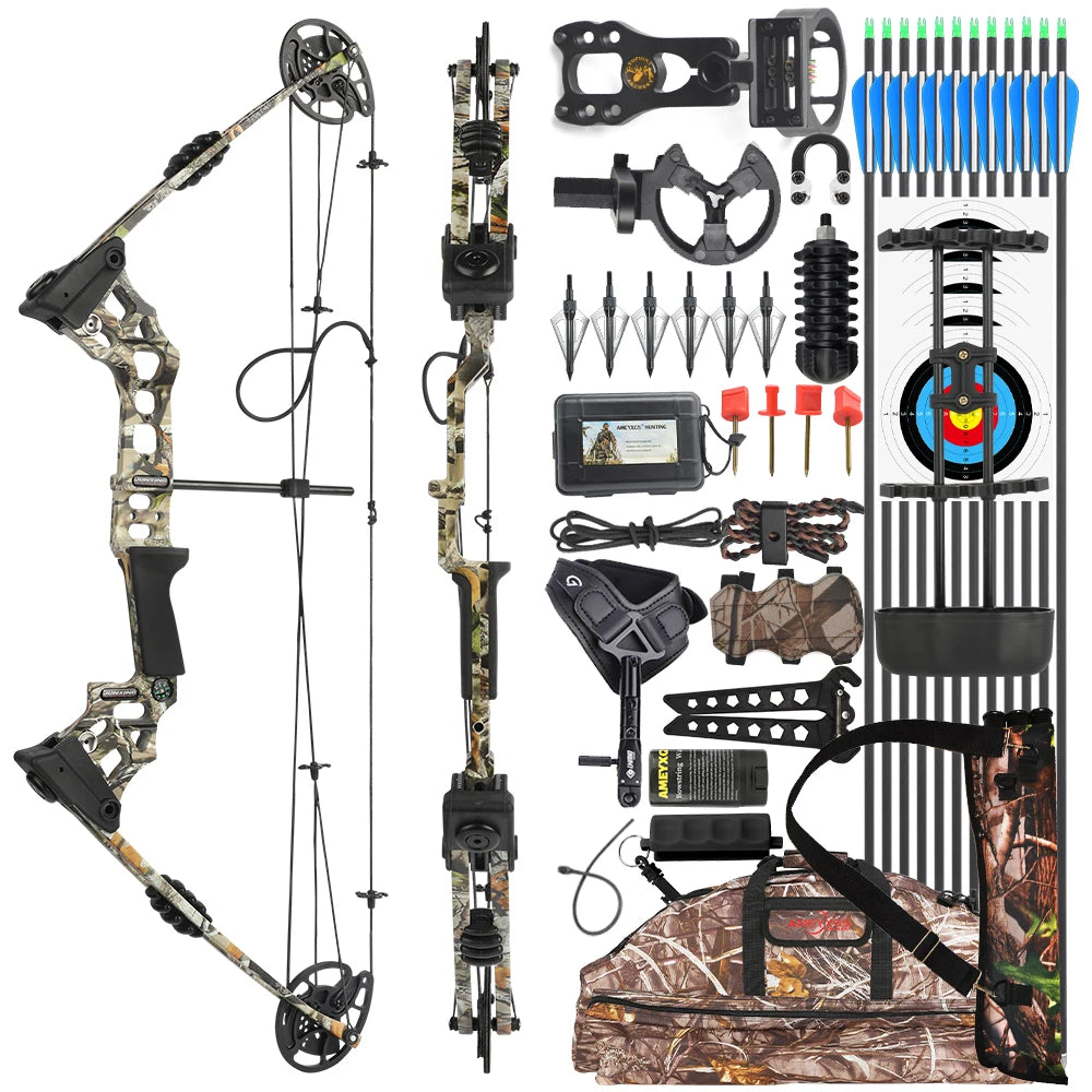 Archery Compound Bow with Spine 500 Carbon Arrows 20-70lbs Adjustable 320FPS High-Strength Alloy Handle RH/LH for Adults Beginners Hunting Shooting Target Practice Outdoor Sports Accessories