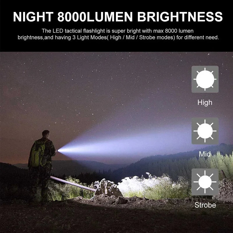 Skyewolfeye Wall Plug Rechargeable LED Tactical Flashlight Set High Lumen XHP60 Zoomable Torch for Fishing Caving