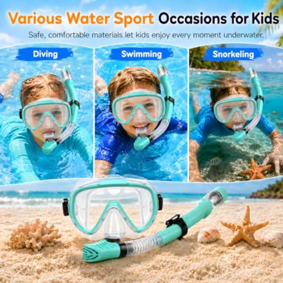 Snorkel Set, Anti-Fog Panoramic Tempered Glass Snorkel mask, Anti-Leak Scuba Diving Mask with Mesh Bag, Dry Top Snorkeling Gear