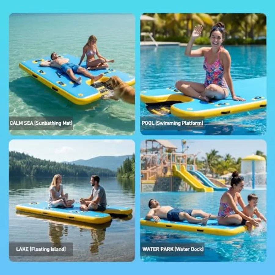 Inflatable Floating Dock With Dog Ramp For Lake Pool Beach Boat Use, Drop Stitch Material, Blue, 6 Inch Thick Heavy-Duty Portab