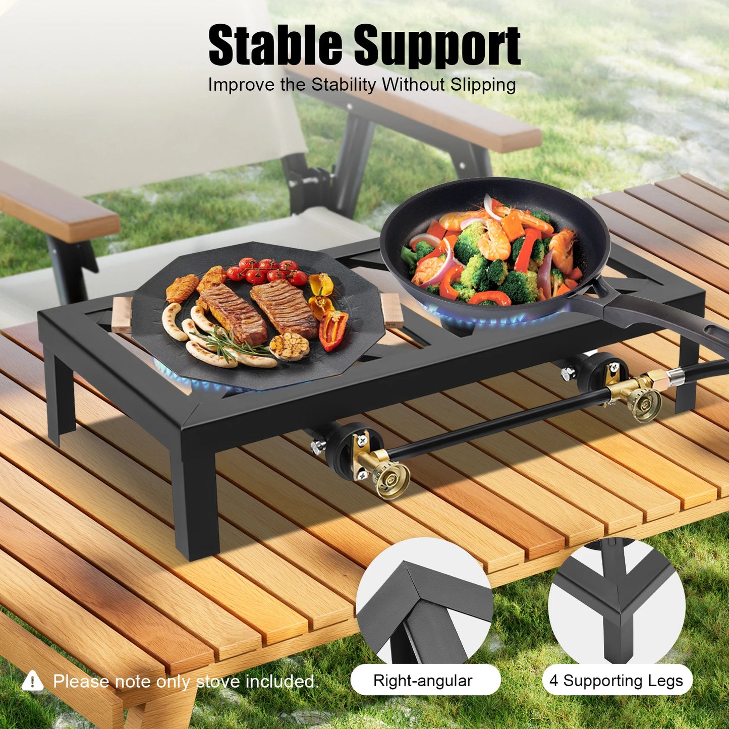 Portable Double Burner Outdoor Gas Stove Propane Cooker with Adjustable 0-10Psi Regulator Hose for Patio Camping, Home Brewing