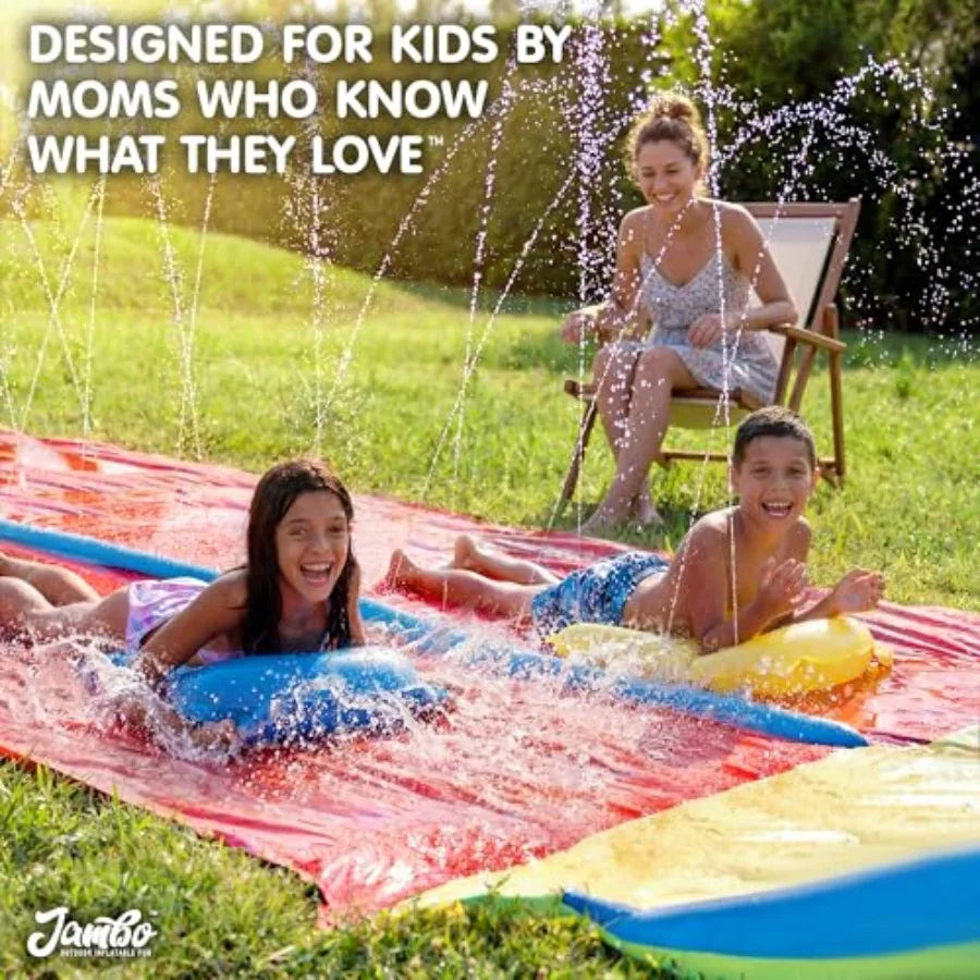 Backyard outdoor water fun: heavy duty inflatable water slide 31.5 ft extra long with 2 bodyboards, blue color, slip-resistant