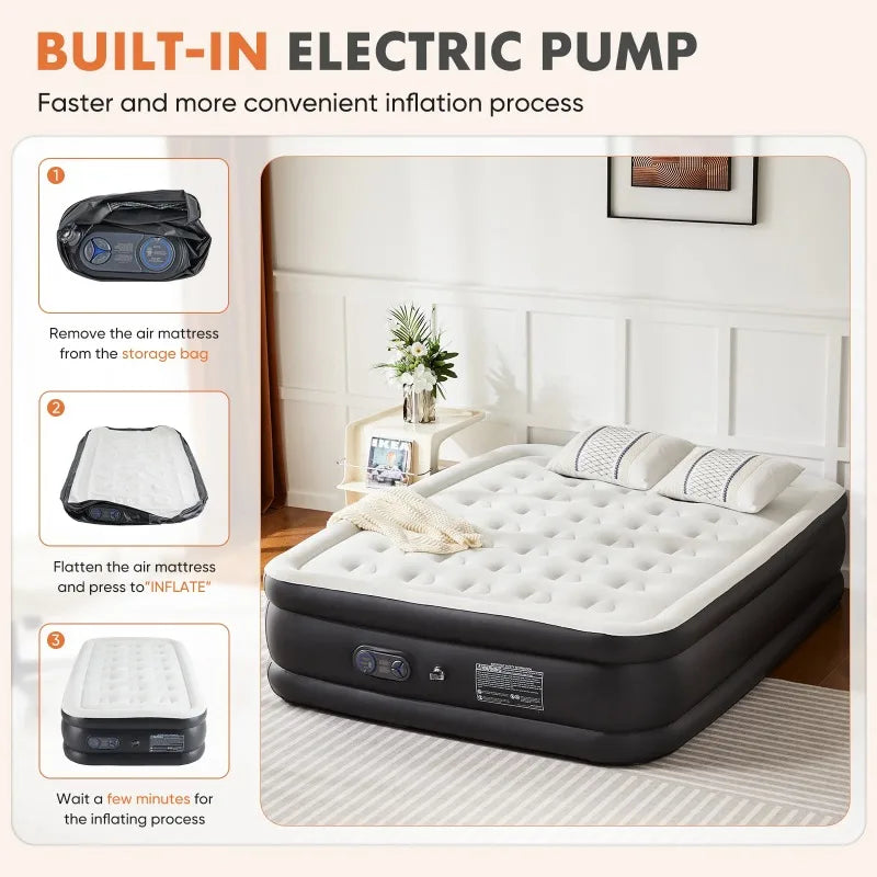 18" Queen Size Air Mattress Bed with Built- in Pump Blow Up Mattresses for Camping, Indoor Colchon, Guests Air Bed