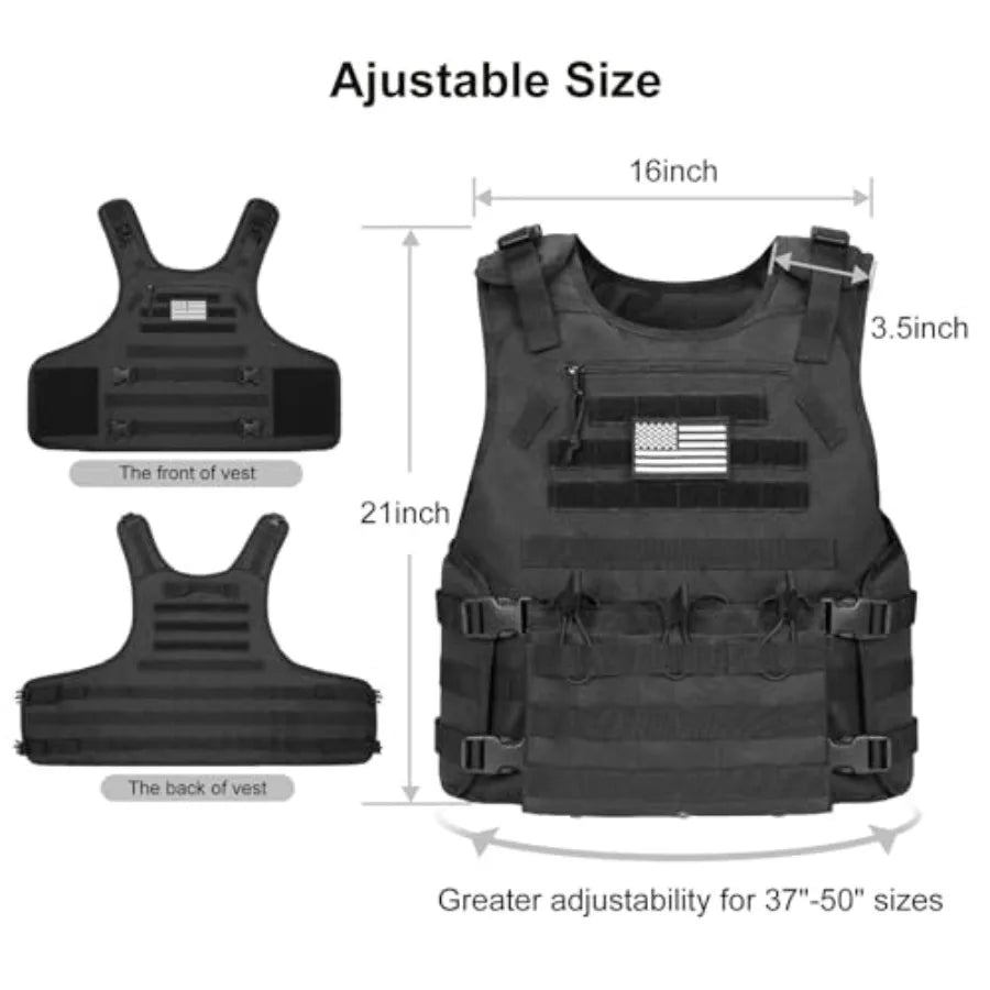 Outdoor Vest with Zipper Bag Adjustable Quick Release Molle Vest with Three Removable Mag Pouches Outdoor Vest Black