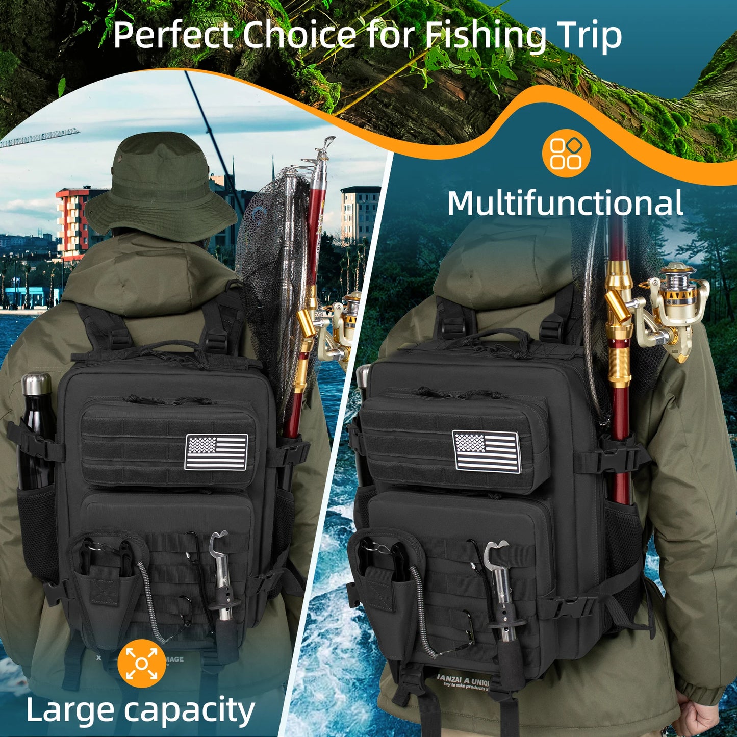 25L Fishing Hunting Bag Tactical Backpack Men's Travel Large CapacityBackpack Durable and Waterproof Men's Outdoor Bag