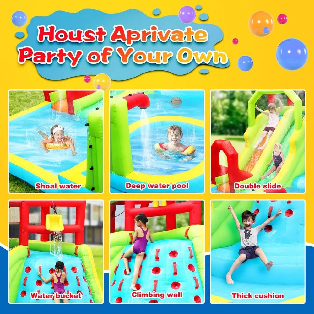 Garden Furniture Inflatable Water Slide Park with Splash Pool Climb The Wall, 3 Inflatable Sport Balls and 4 Water Guns, Water S