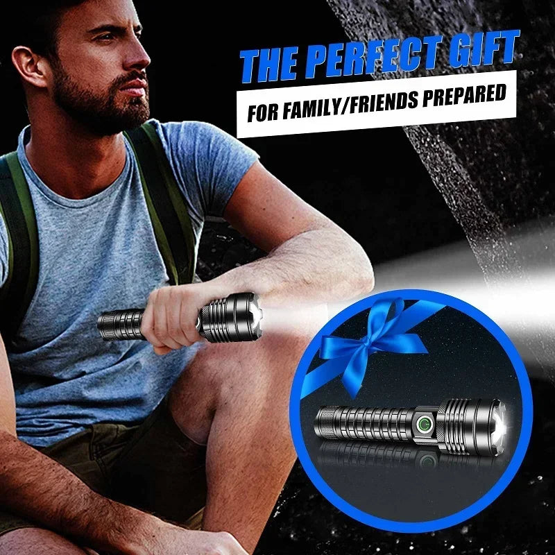 Skyewolfeye Wall Plug Rechargeable LED Tactical Flashlight Set High Lumen XHP60 Zoomable Torch for Fishing Caving