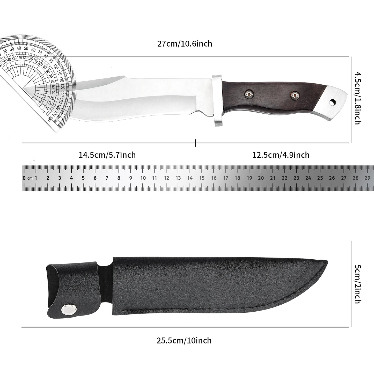 Stainless steel hunting knife with a wooden handle, paired with a black leather sheath, an essential tool for adventurers