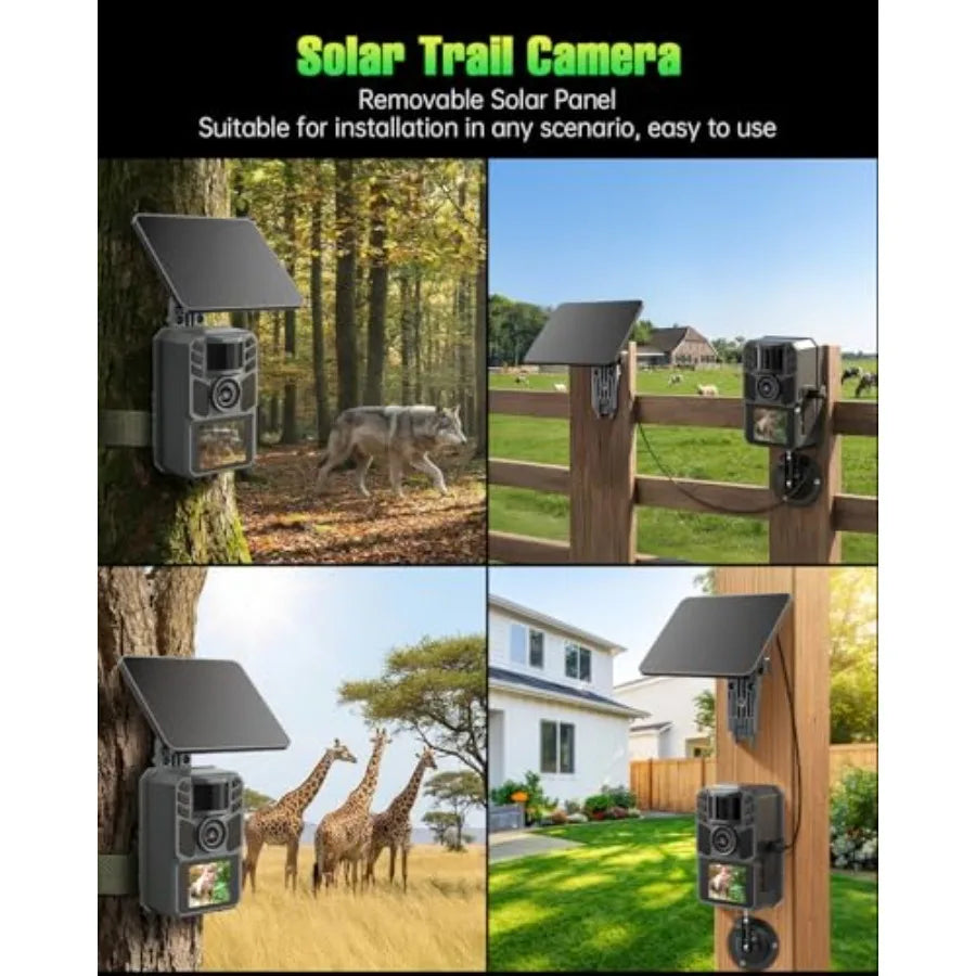 Wildlife hunting outdoor trail camera: 4K 64MP, IP67 waterproof, solar powered, night vision, motion activated, 5000mAh recharg