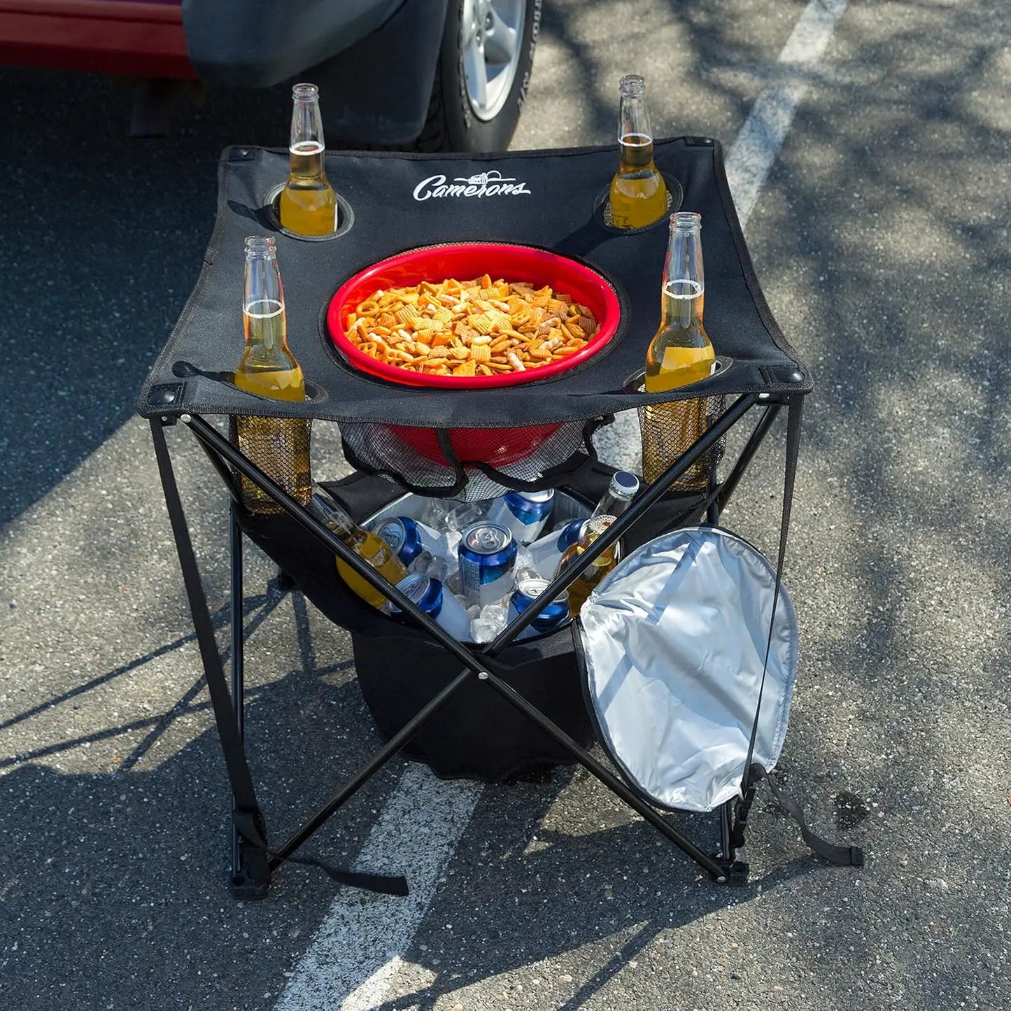 All-in-One Portable Folding Camping Table with Insulated Cooler, Cup Holders & Food Basket for Outdoor BBQs, Beach & Camp Trips