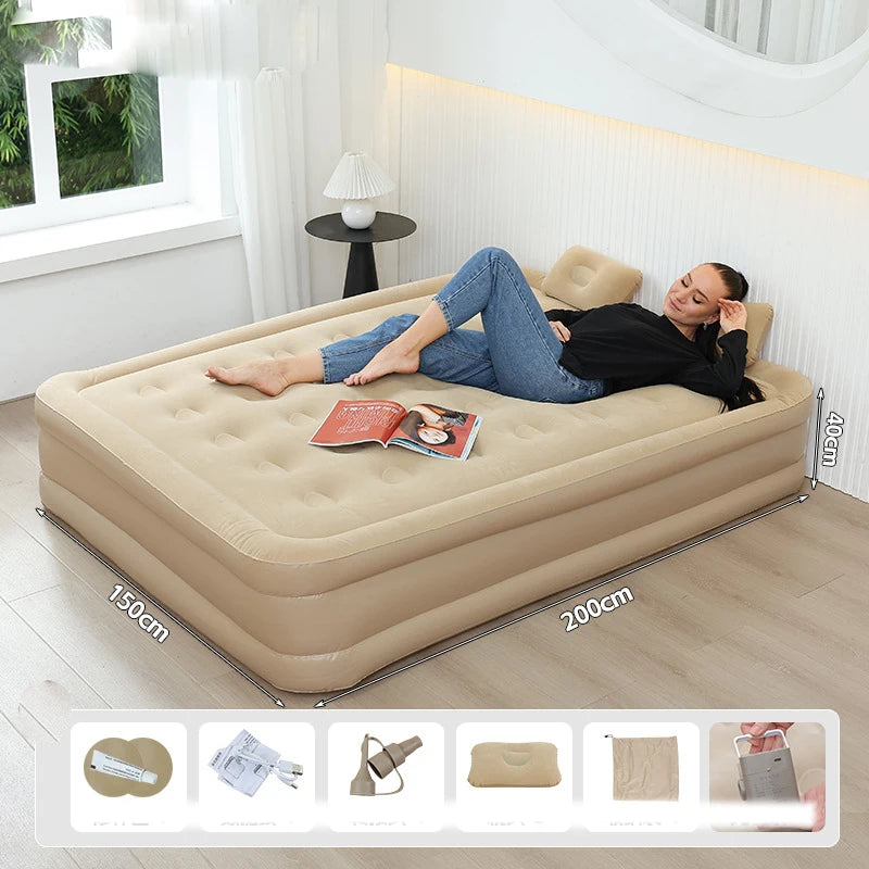 Home Floor-laying Folding Automatic Inflatable Mattress Air Bed Portable Outdoor Camping Flocking Moisture-proof Built-in Pump