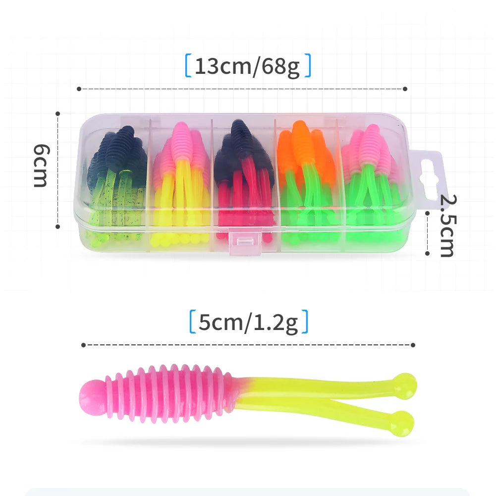 30pcs Soft Fishing Lures 50mm 1.2g Artificial Bait Two-Tail Shaped Swimbaits Wobbler Soft Bait for Trout Bass Crappie