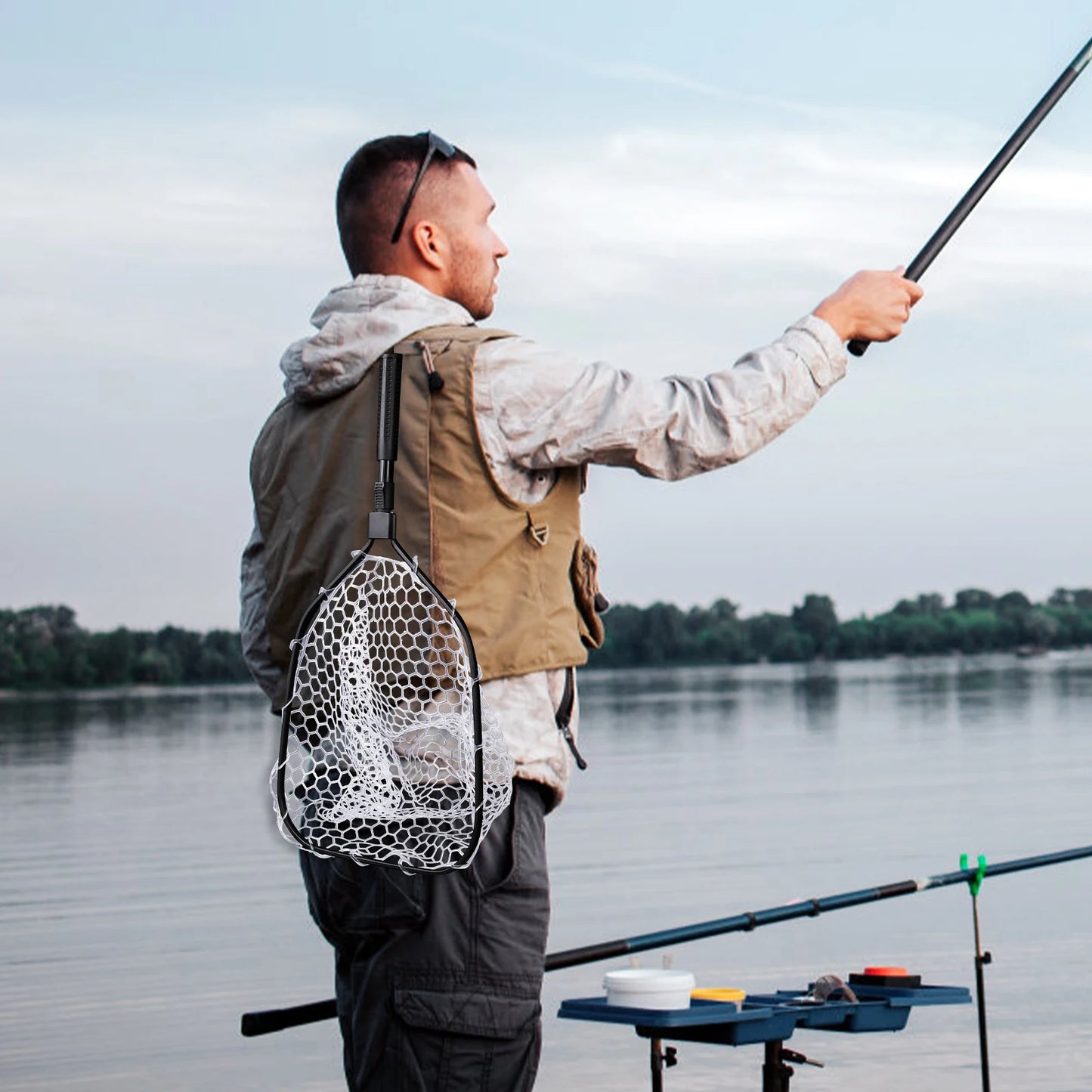 Foldable Fish Net for Trout Fly Fishing Landing Net Trout Fishing Nets with Handle Soft Rubber Mesh Net for Stream Shore Fishing