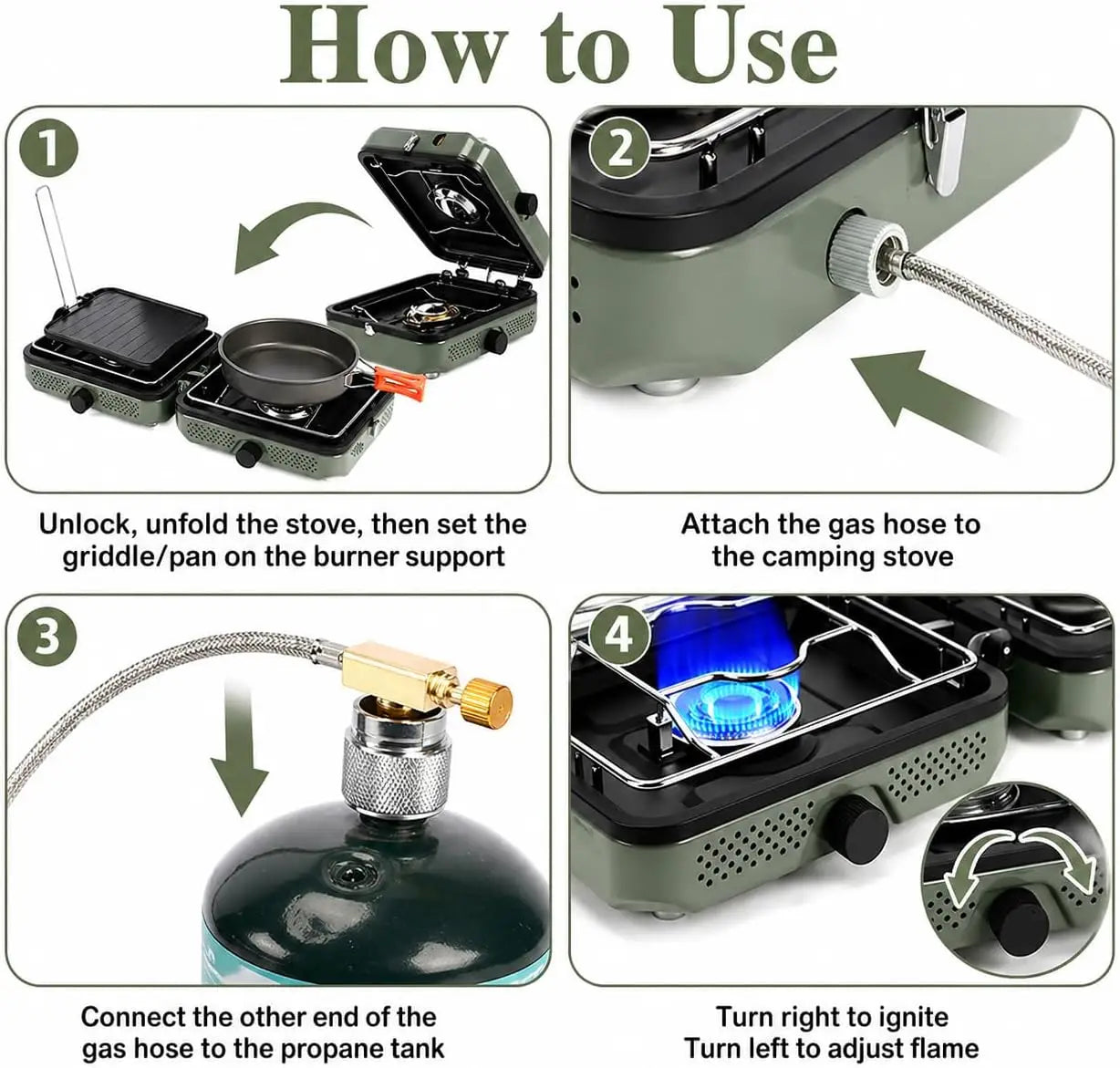 2 Burner Propane Camping Stove, 30000 BTU Portable Dual Griddles with Carry Bag, Outdoor Cooking Set for Camping Gear, RV, Tailgating, Green