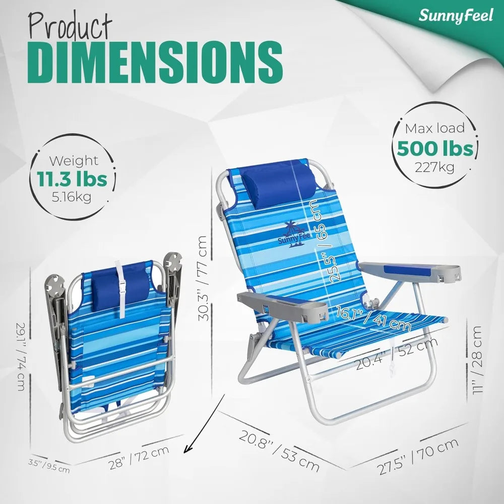 Extra Wide 28" Low Beach Chair 5 Position Lay Flat, XL Oversized Portable Folding Camping Chairs with Cup - HOME
