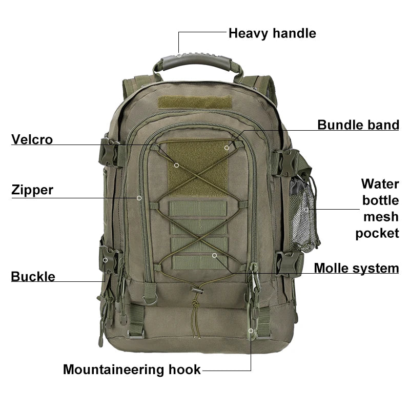 60L Male Travel Tactical backpack Hiking Camping backpack Expandable Army Backpacks 3 Day Assault Pack Rucksacks