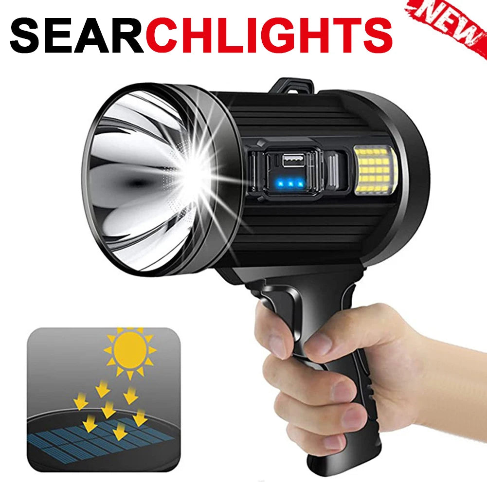 Handheld Hunting Flashlight with Solar Panel LED Flashlight Waterproof Fishing Lantern Torch Emergency Charging Outdoor Lamp