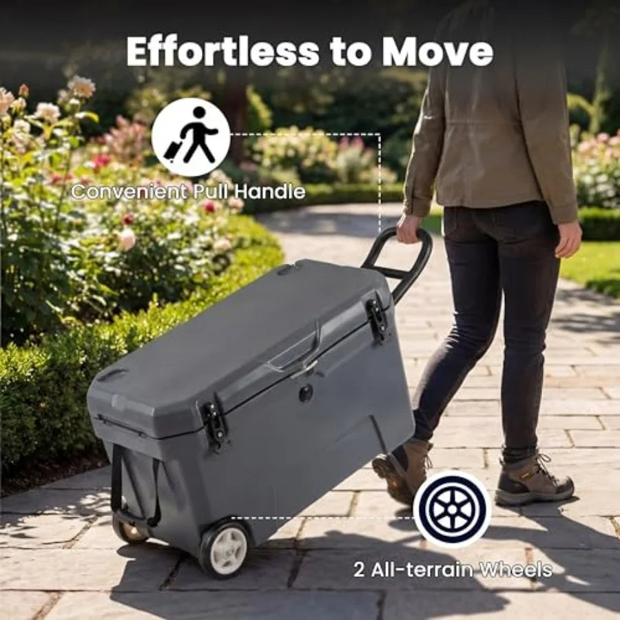 Portable Hard Cooler for Camping, Fishing, Beach: Rotomolded Polyethylene, Gray, 6-Day Ice Retention, Rolling Design with Teles