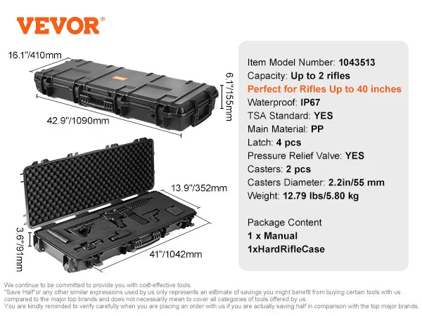 Rifle Hard Case Portable Long Gun Storage Hard Suitcase W/ 2 Casters Shockproof & Waterproof Airsoft Rifle Protective Case