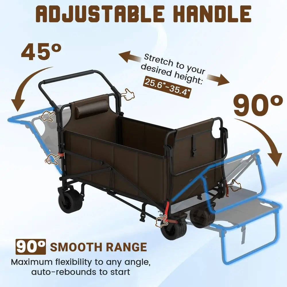 Heavy Duty Folding Wagon 2in1 Collapsible Cart, 650lb Capacity, AllTerrain Wheels w Brakes amp Side Pockets Brown