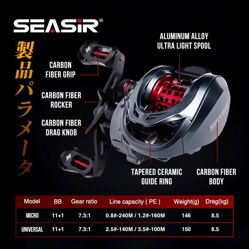Baitcasting Fishing Reel 146g Ultralight Carbon 11+1 7.3:1 HS Ratio Hybrid Ceramic Bearing Double Spools Seawater