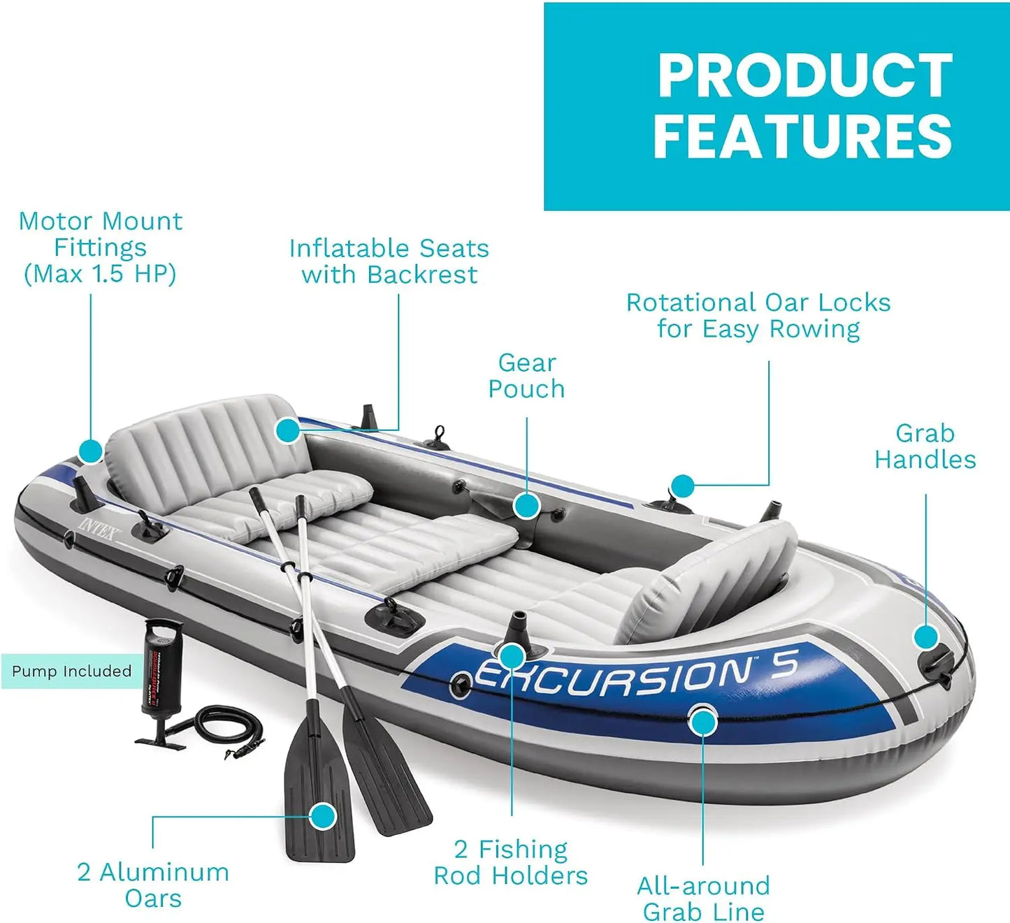 5 Person Inflatable Boat Set - Large 1,300 Lb Capacity Fishing Raft with Oars, Pump, Rod Holders