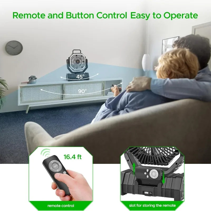 Camping Fan with LED Lantern, 20000mAh Auto-Oscillating Battery Operated Desk Fan with Remote&Hook, 8” Portable Fan