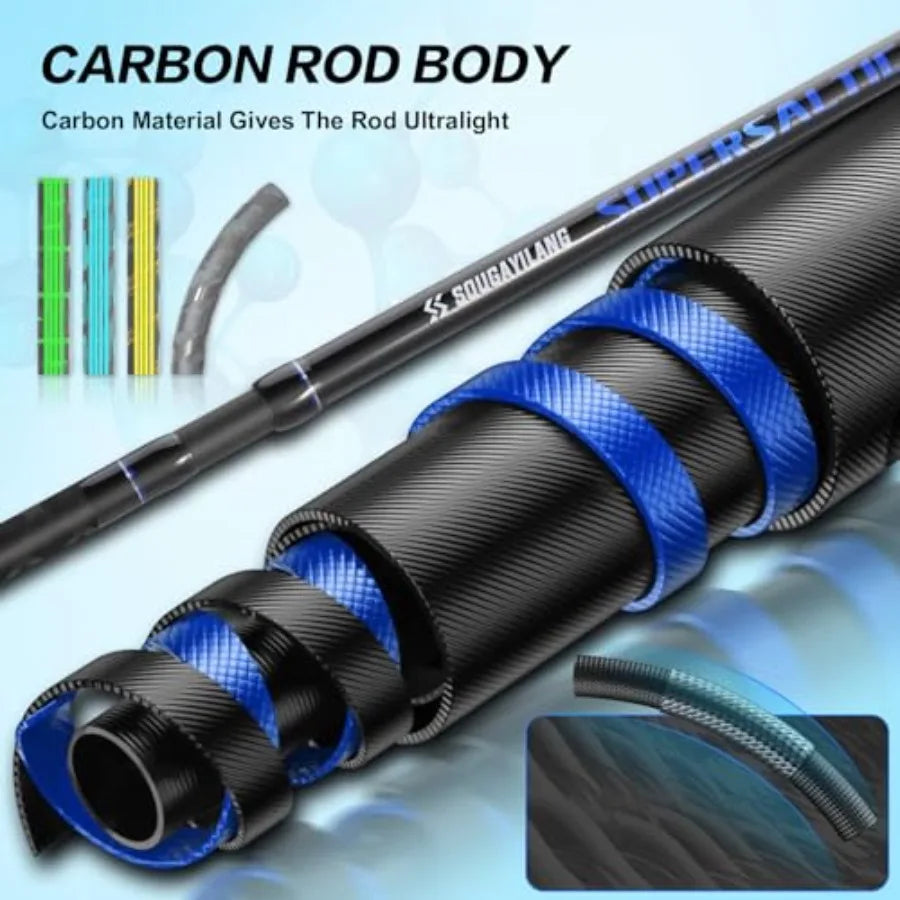 Surf fishing rod for travel use, carbon fiber material, black color, 4-piece portable design with MH/H power and 10'/11'/12'/15