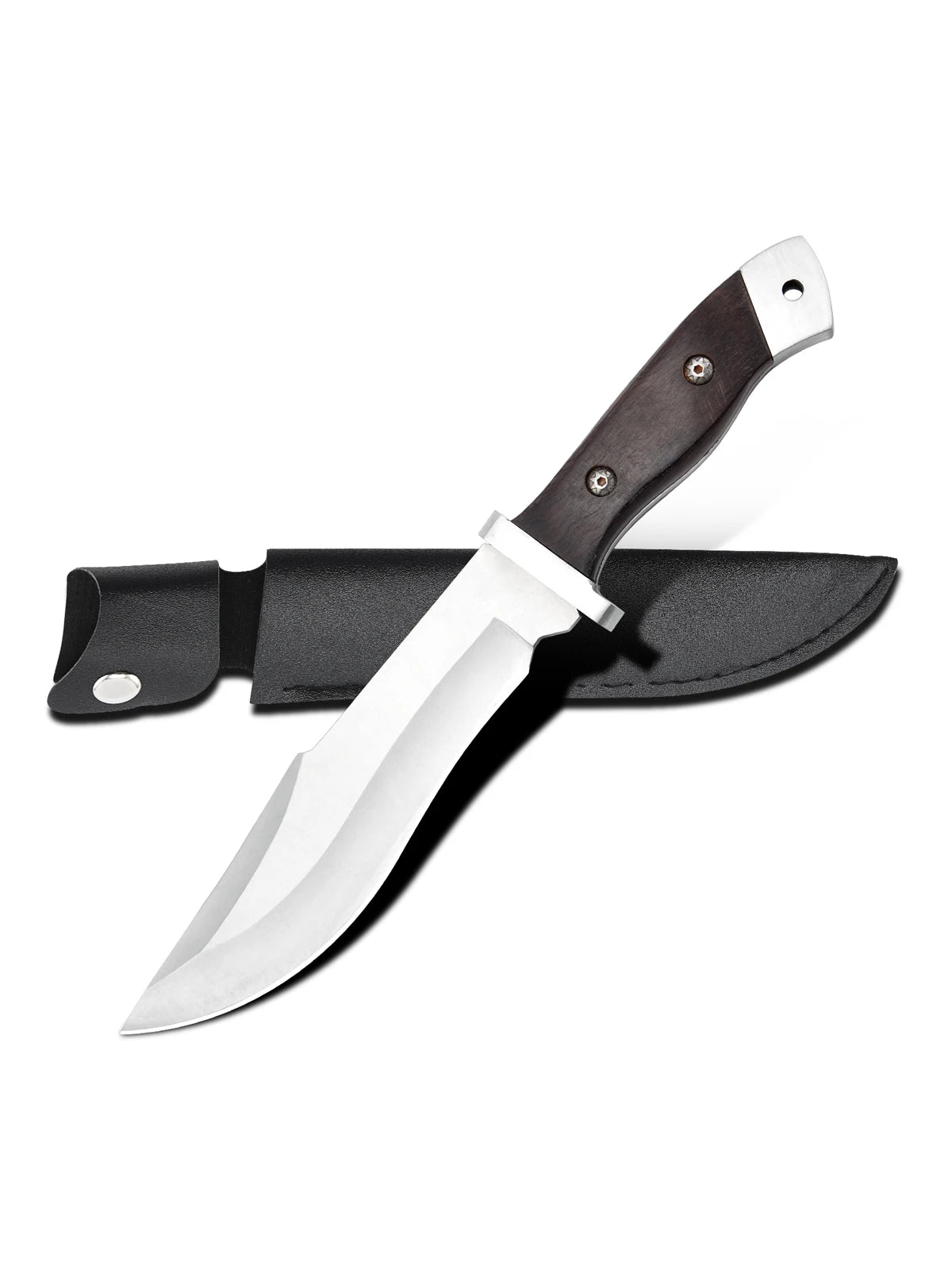 Stainless steel hunting knife with a wooden handle, paired with a black leather sheath, an essential tool for adventurers