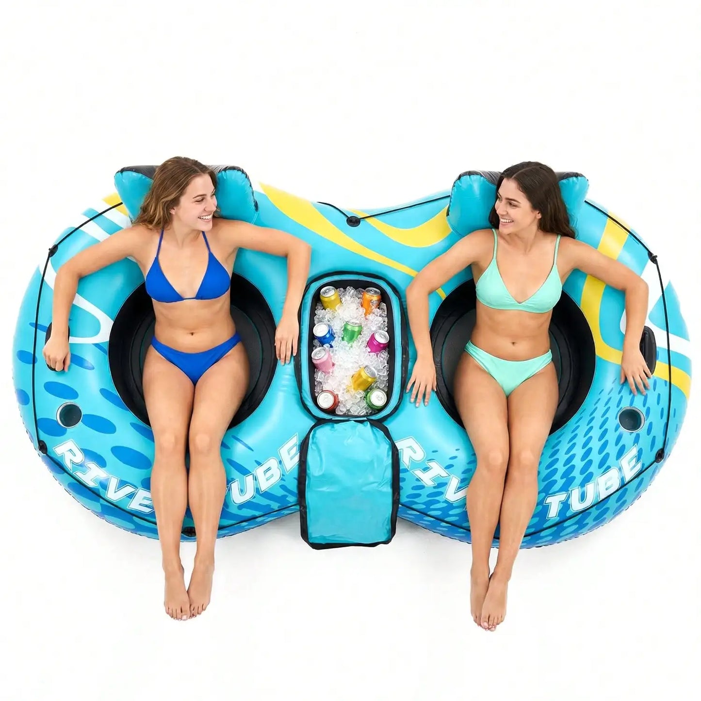 2-Person Inflatable River Tube Float With Built-In Storage Bag For Ice, Double Pool Lounge Chair With Backrest & Cup Holders, Breathable Water Floating Raft For Pool Lake Beach Summer Water Party, 2 Pattern Options., Pool Inf