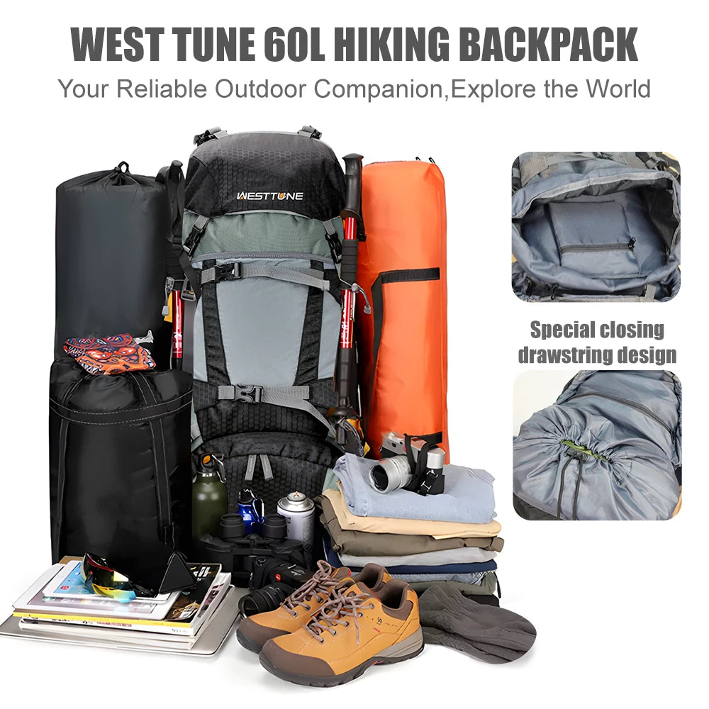 60L Explorer Internal Frame Backpack with Rain Cover Outdoor Backpack for Hiking Camping Backpacking Travel