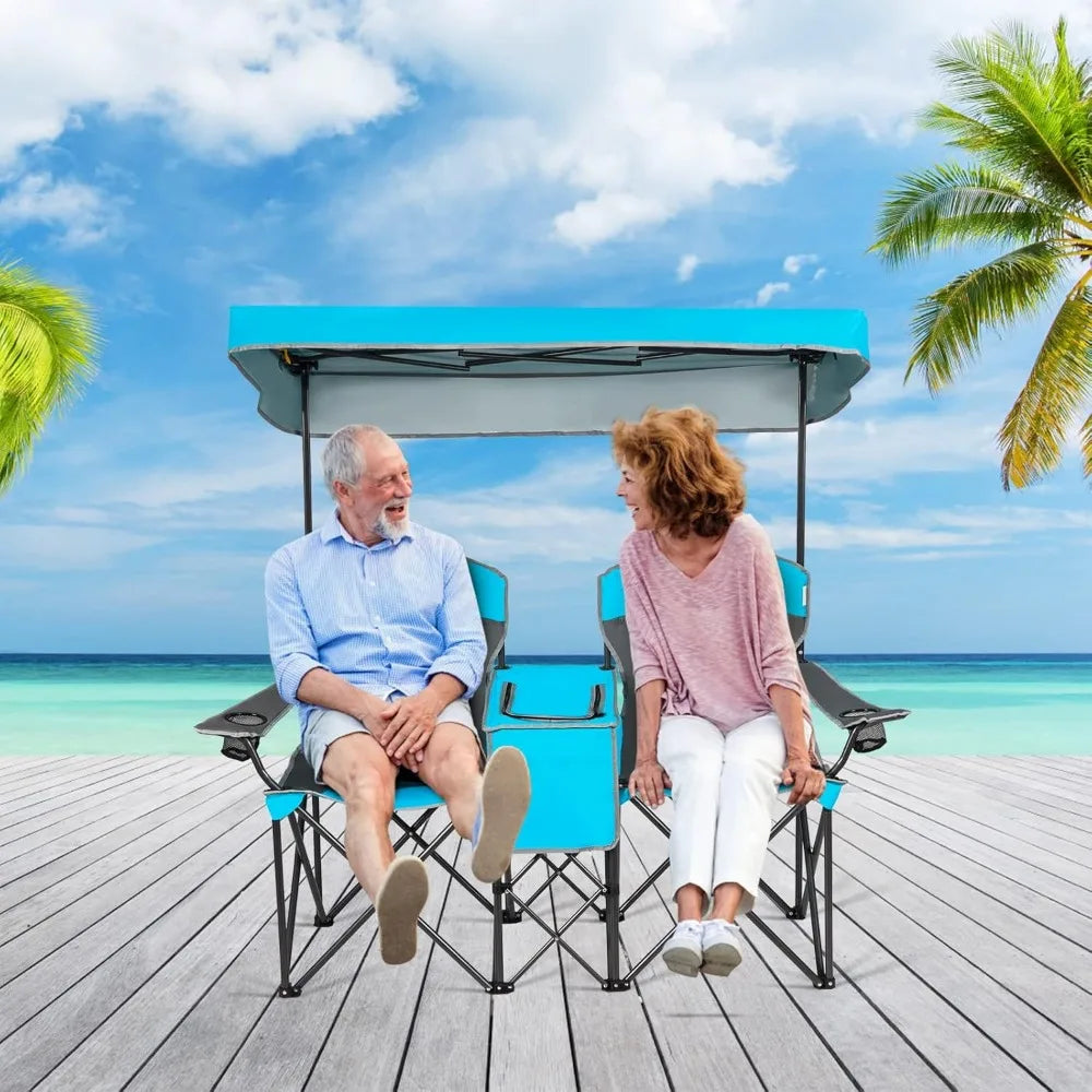 Double Camping Chair with Canopy, 2 Person Folding Beach Chair with Canopy Shade, Table Beverage Holder and Storage Bag, Double