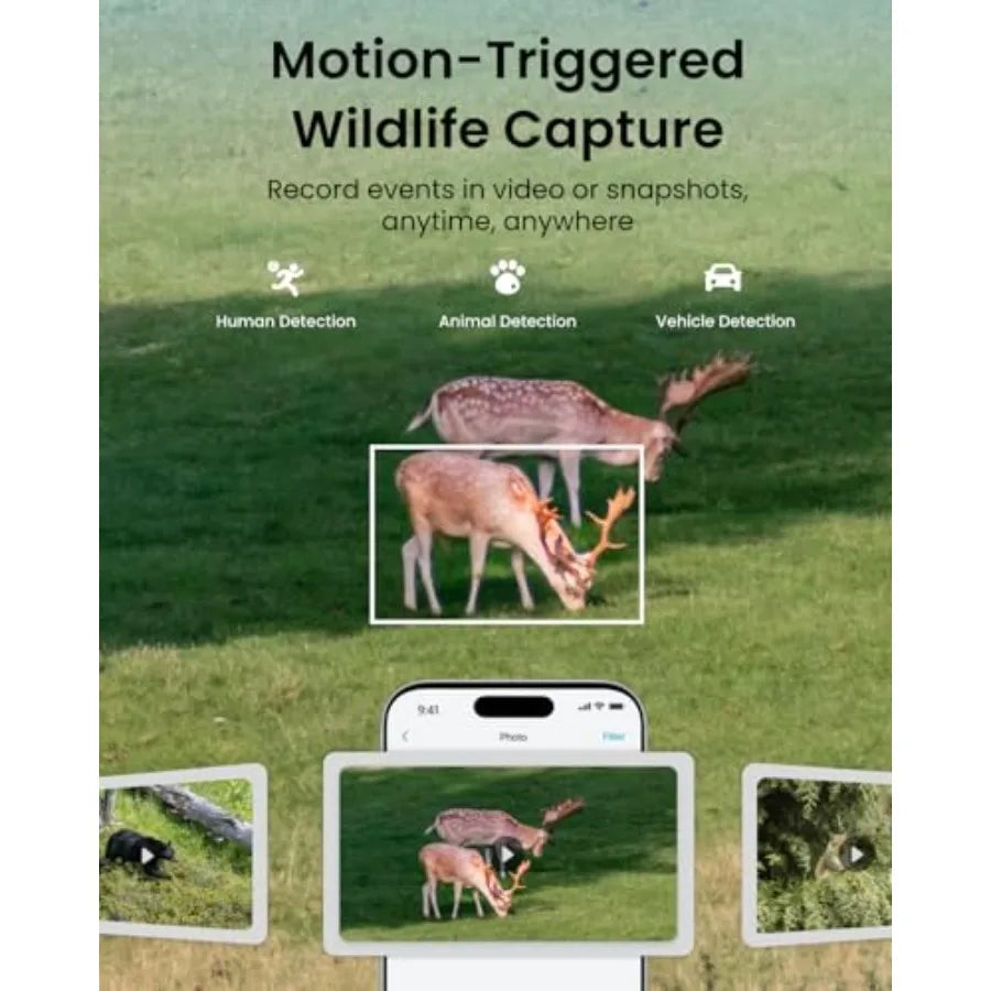 Wildlife monitoring outdoor security camera with 4K dual lens, 4G cellular connectivity, 6X hybrid zoom, IP66 waterproof housin