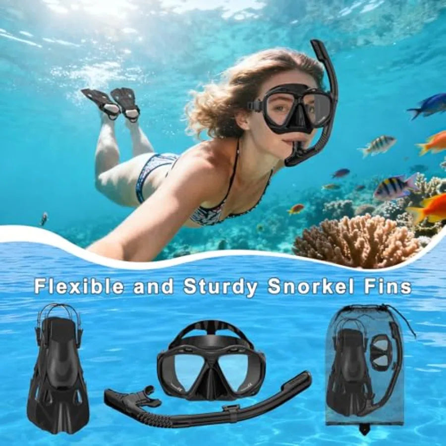 Snorkeling Gear for Adults, Mask Fin Snorkel Set, Dry Top Snorkel Mask, Panoramic View Anti-Leak Anti-Fog 3 in 1 Snorkeling Kit