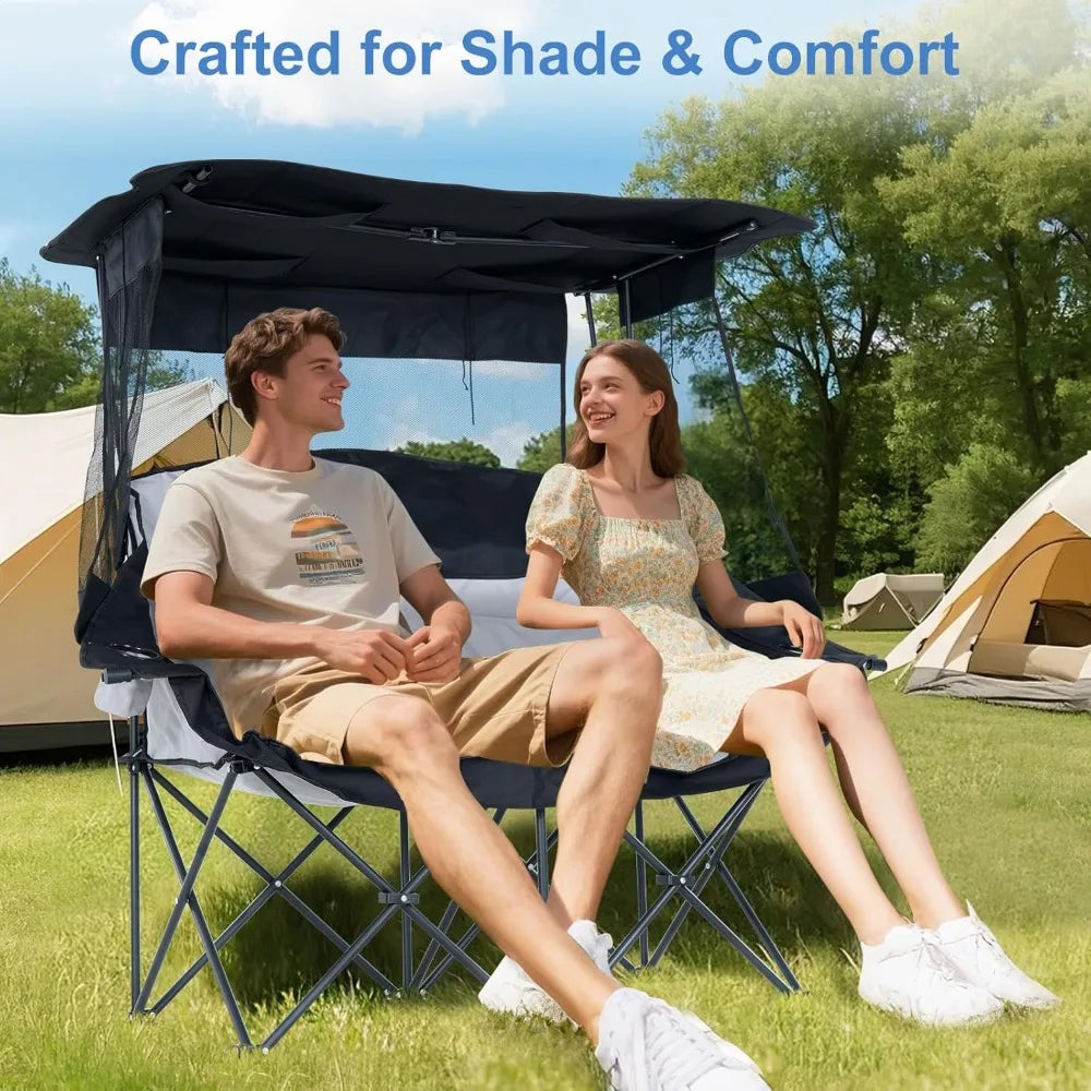 Double Beach Chair with Canopy Shade, Oversized Folding Loveseat with Cup Holder & Side Pocket for Camping, Beach, Lawn, Fishin