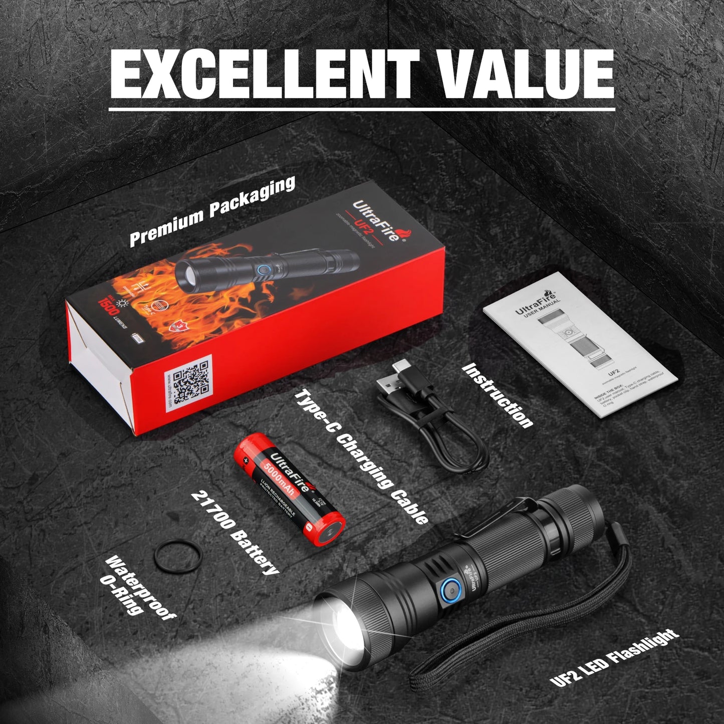 UF2 21700 LED Flashlight 1500 Lumens 550M Zoomable Outdoor Lamp USB C Rechargeable Torch with Magnetic Tail for Hiking
