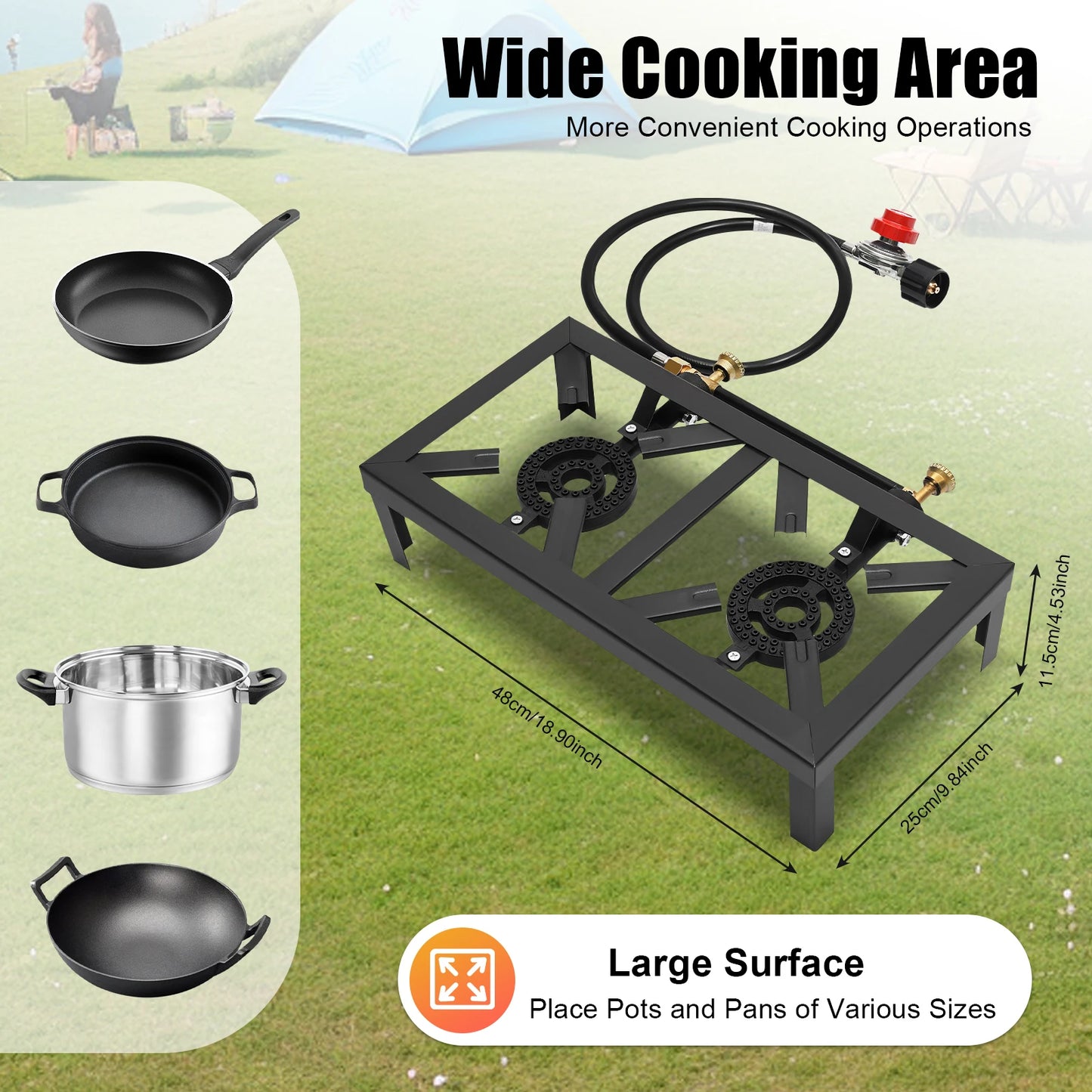 Portable Double Burner Outdoor Gas Stove Propane Cooker with Adjustable 0-10Psi Regulator Hose for Patio Camping, Home Brewing