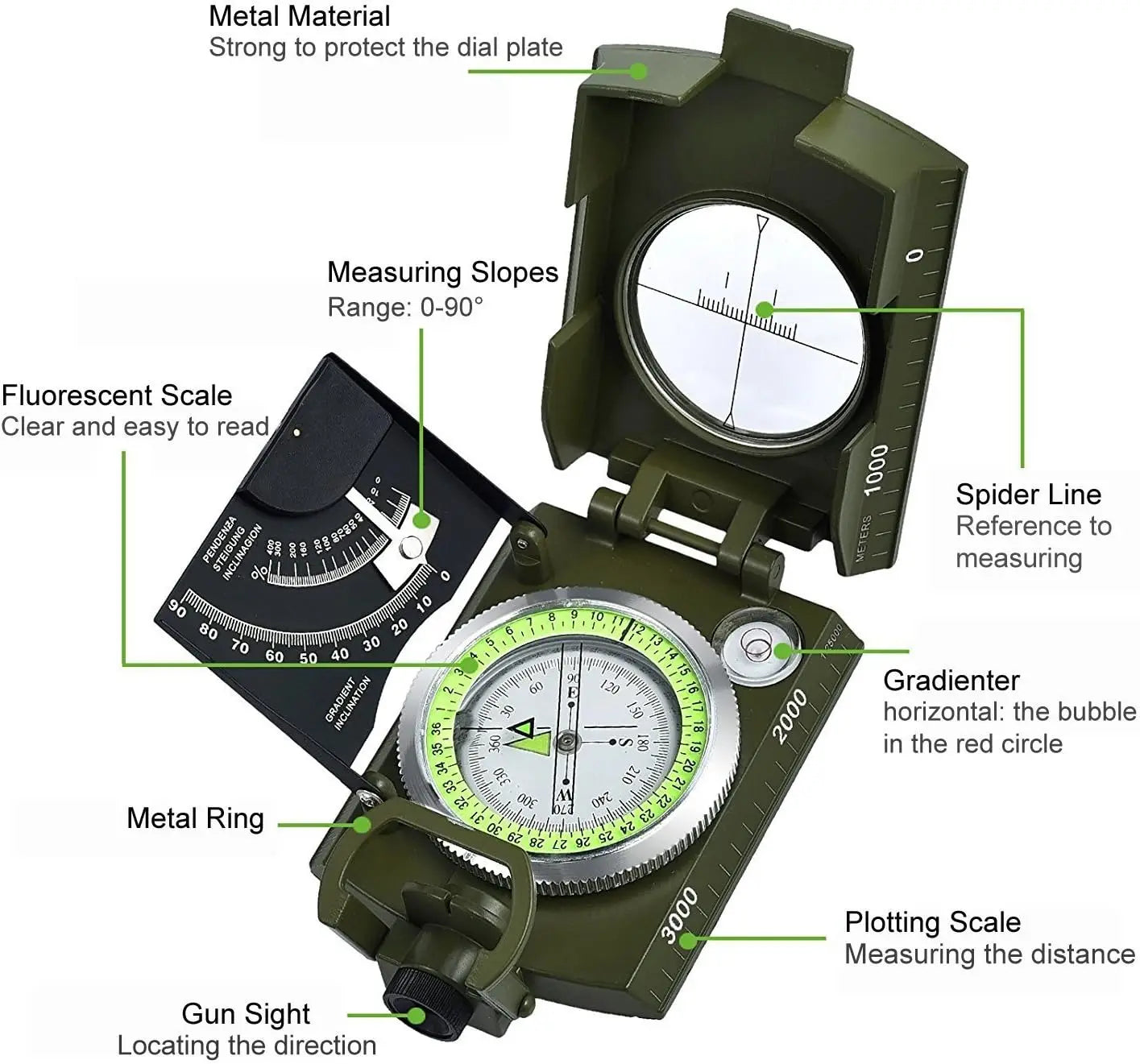 Waterproof Hiking Compass with Fluorescent Scale - Compass Navigation with Clinometer & Carry Bag Military Compass