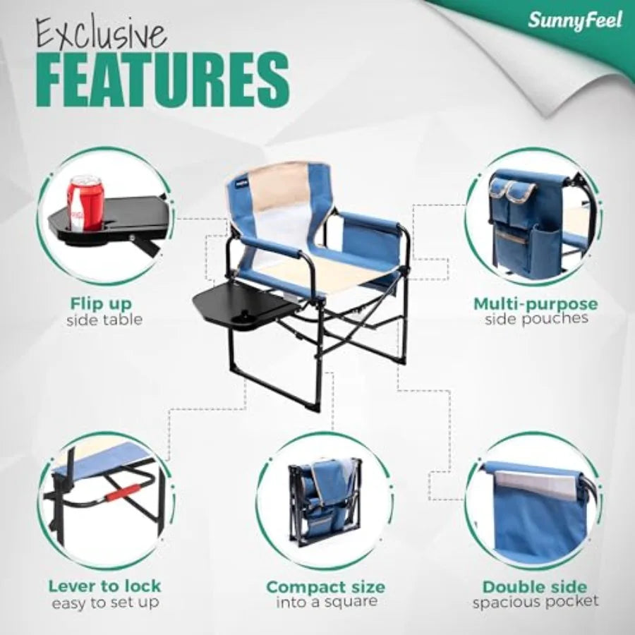 Oversized Camping Directors Chair for Outdoor Use, Heavy Duty Steel Frame with Black Fabric, Portable Folding Design with Side
