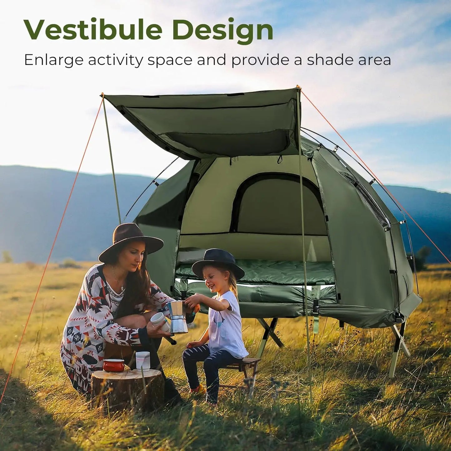 Tent Cot, 5-in-1 Folding Camping Cot with Mattress & Pillows, Sleeping Bags, Sunshade, Camping Tent Elevated with Carrying Bag f