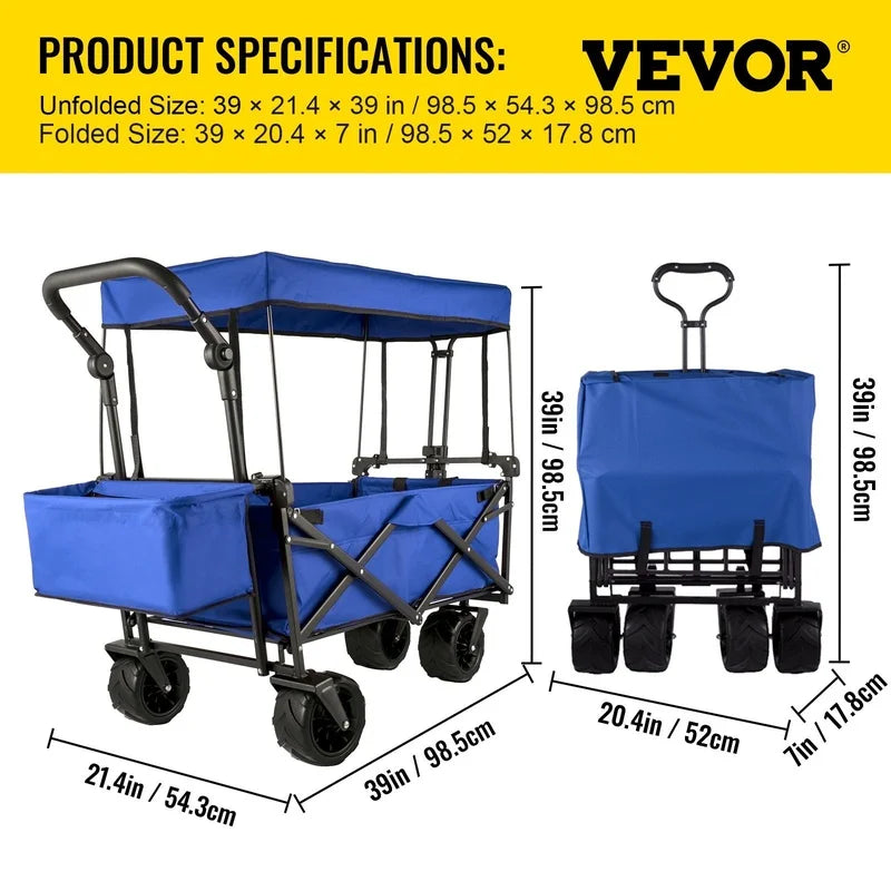 Blue Collapsible Garden Cart with Removable Canopy, Folding Wagon for Garden, Camping, Grocery, Shopping