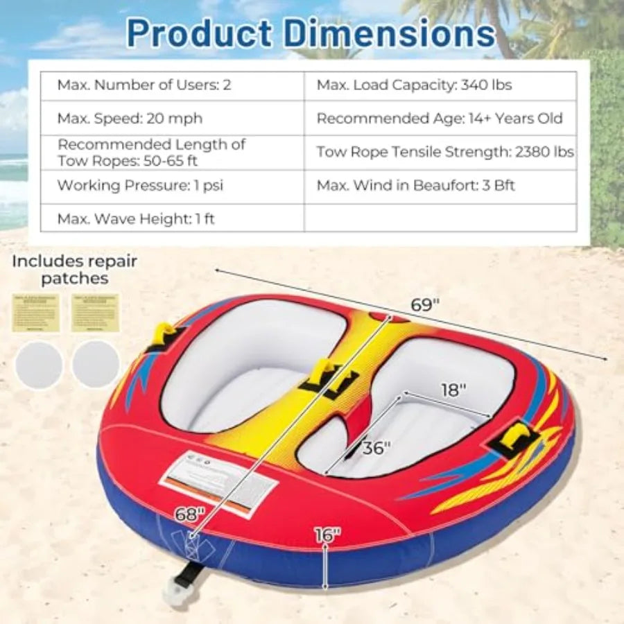 Towable Tube for Boating 1-2/1-3 Person Inflatable Boat Tube w/Quick Connector Drainage Cockpits Floating Raft Water Sports Tow