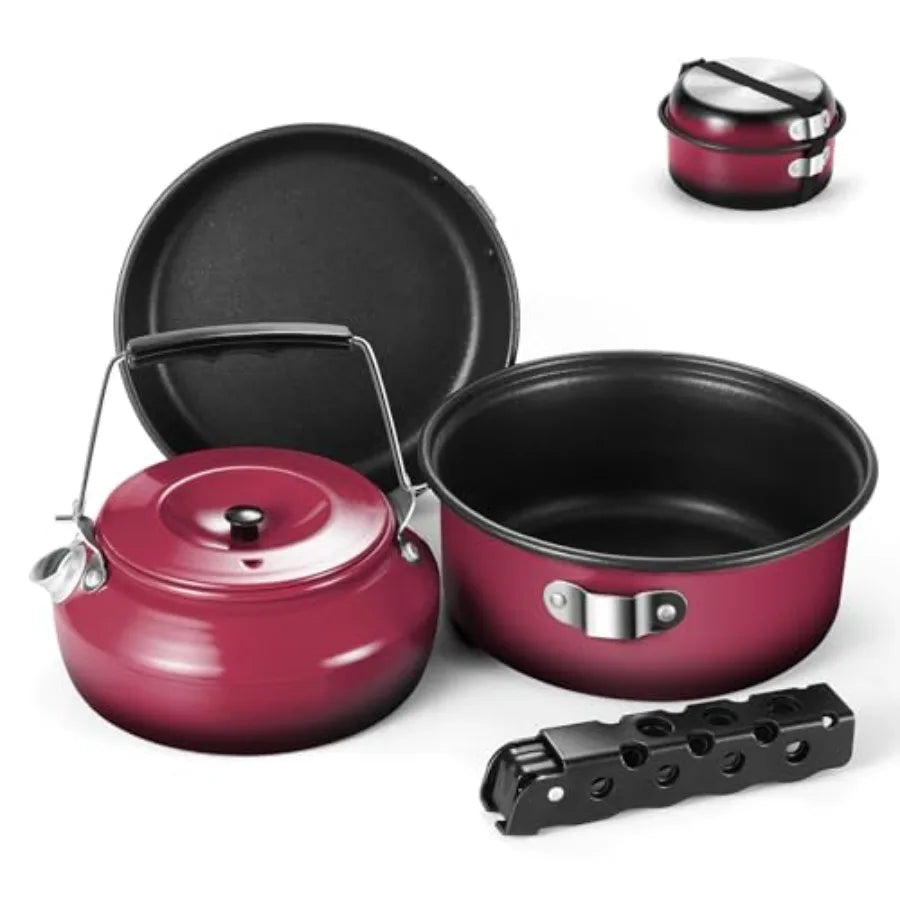5pcs Camping Cookware Non-Stick Camping Pot and Pan Set with Kettle and Removable Handle for Hiking Backpacking and Picnic