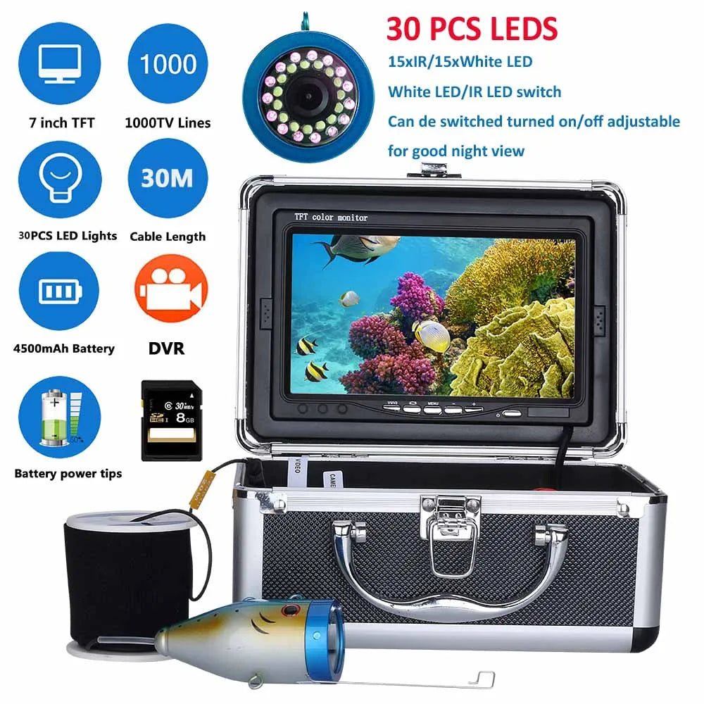 Fish Finder Underwater Fishing Camera Double Lamp 30LEDs 7Inch 15M 30M 50M IP68 Waterproof For ICE/Sea/River Fishing Fishfinder