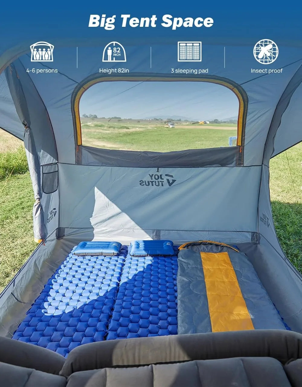 SUV Tent for Camping with Rainfly, Double Door Design, Aluminum Poles, Waterproof PU2000mm, Orange, 4-8 Person