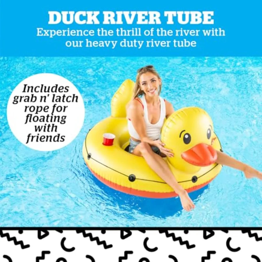 Heavy Duty Duck River Tube, Inflatable Float with Mesh Seat and Drink Holder, Grab Rope Raft for Floating Rivers and Summer Fun