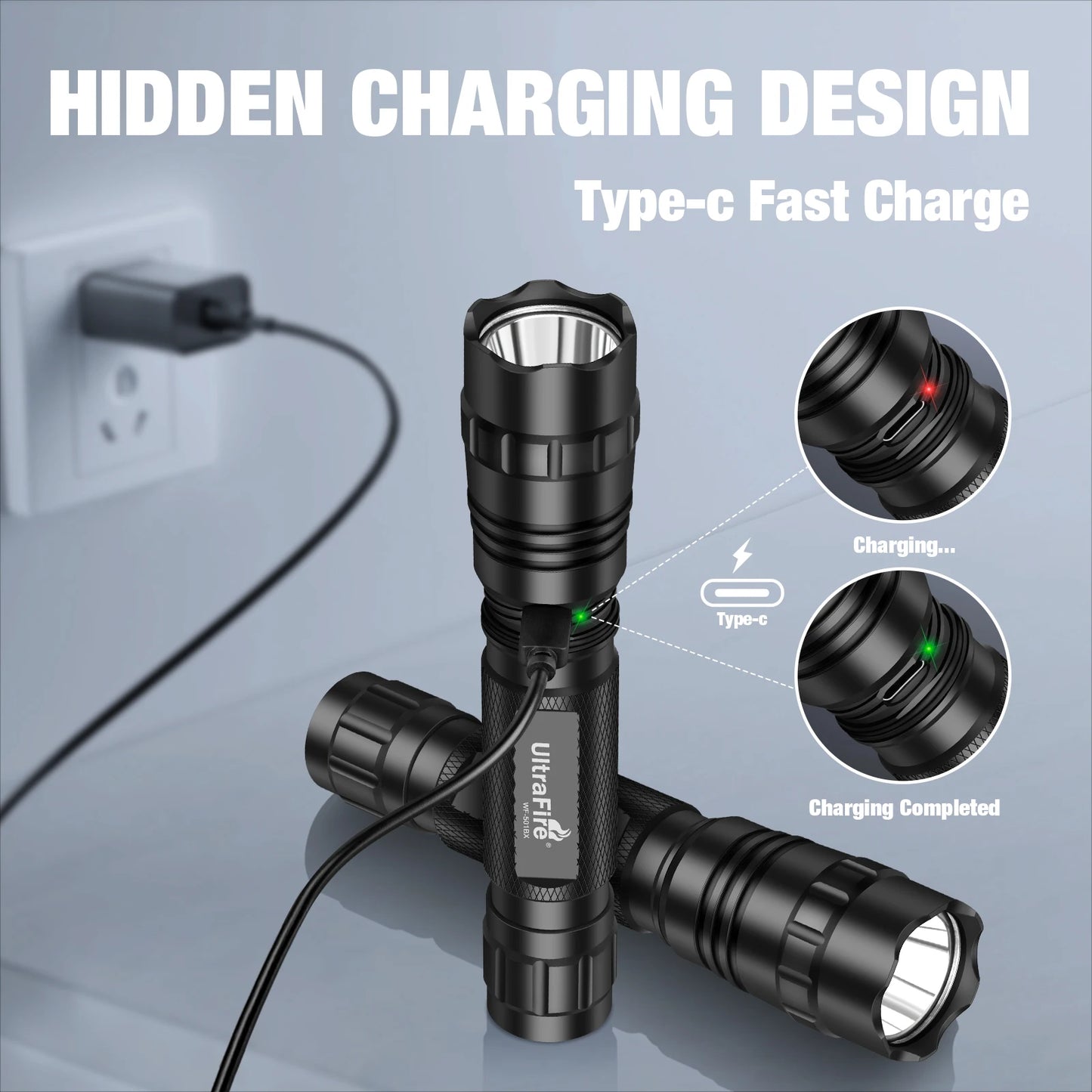 UltraFire WF-501BX Tactical Flashlight with Holster 3 Mode 1200 Lumens USB C Rechargeable Police Flashlight Law Enforcement Lamp