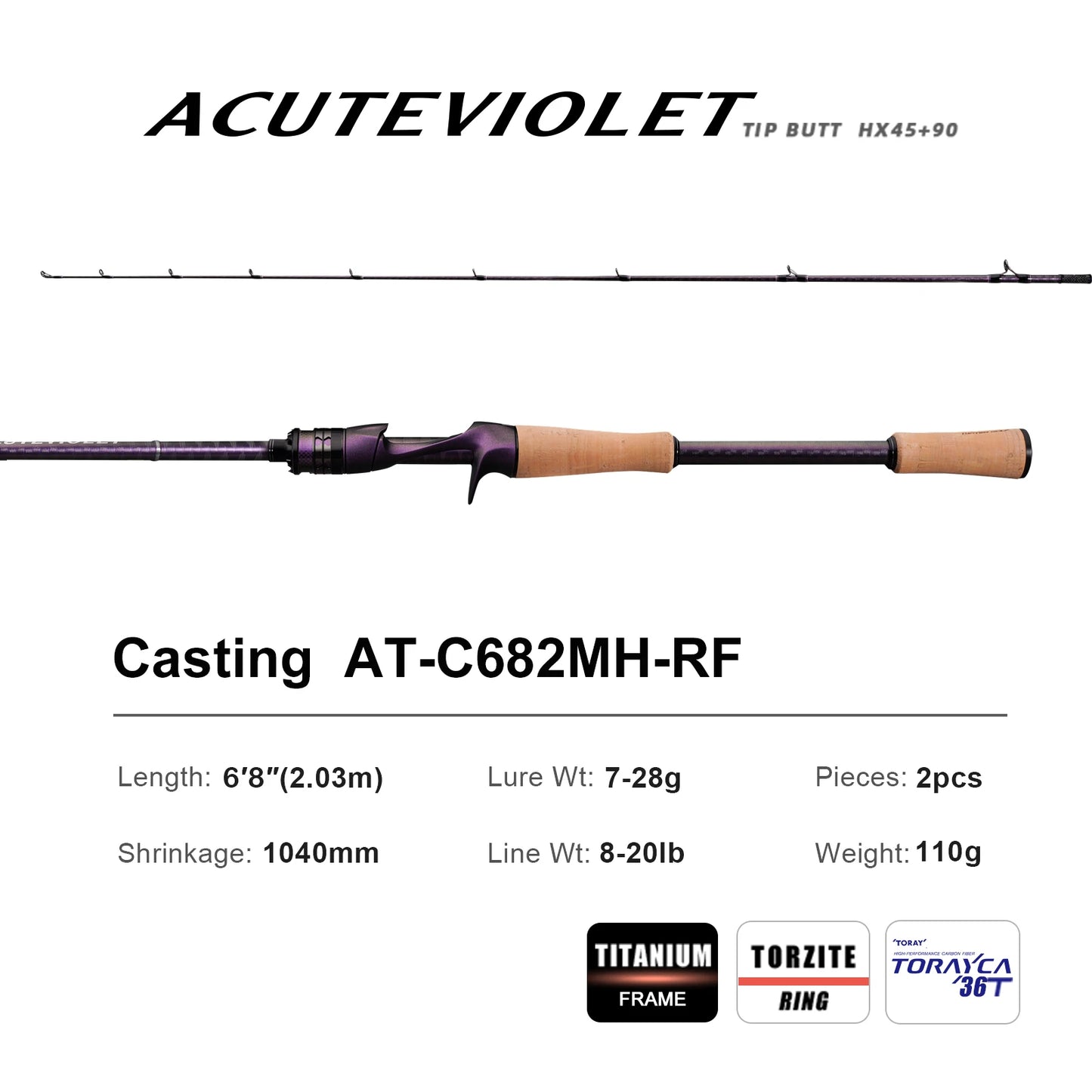 PURELURE ACUTEVIOLET Bass Fishing Rod Spinning Baitcasting Rod 36T Carbon Fiber Jerkbait Rod 2 Piece Regular Fast Action Titanium Frame Guide with Torzite Ring Carbon Reel Seat