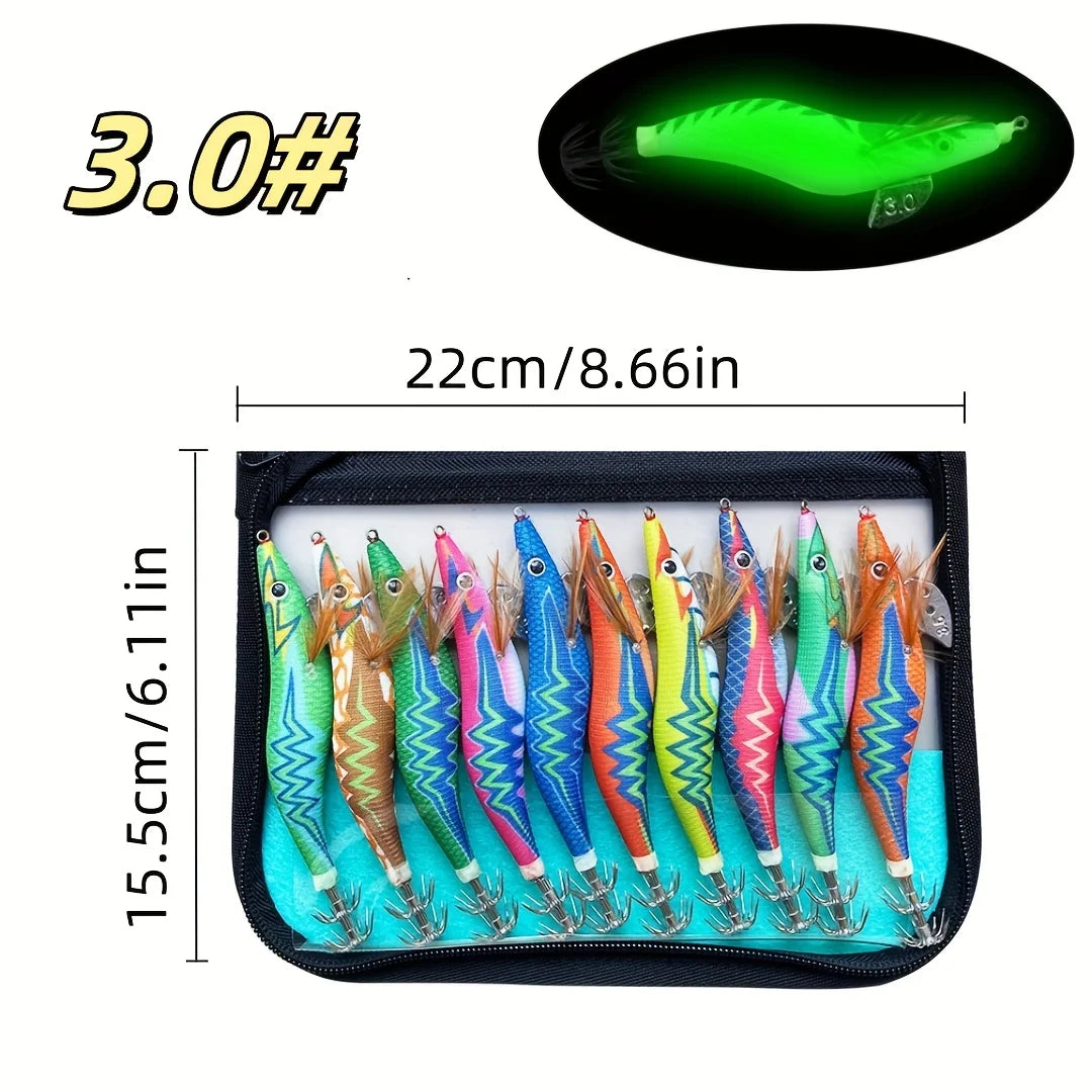 10 PCS Squid fishing bait squid hook sea fishing bait luminous hook bait luminous wood shrimp