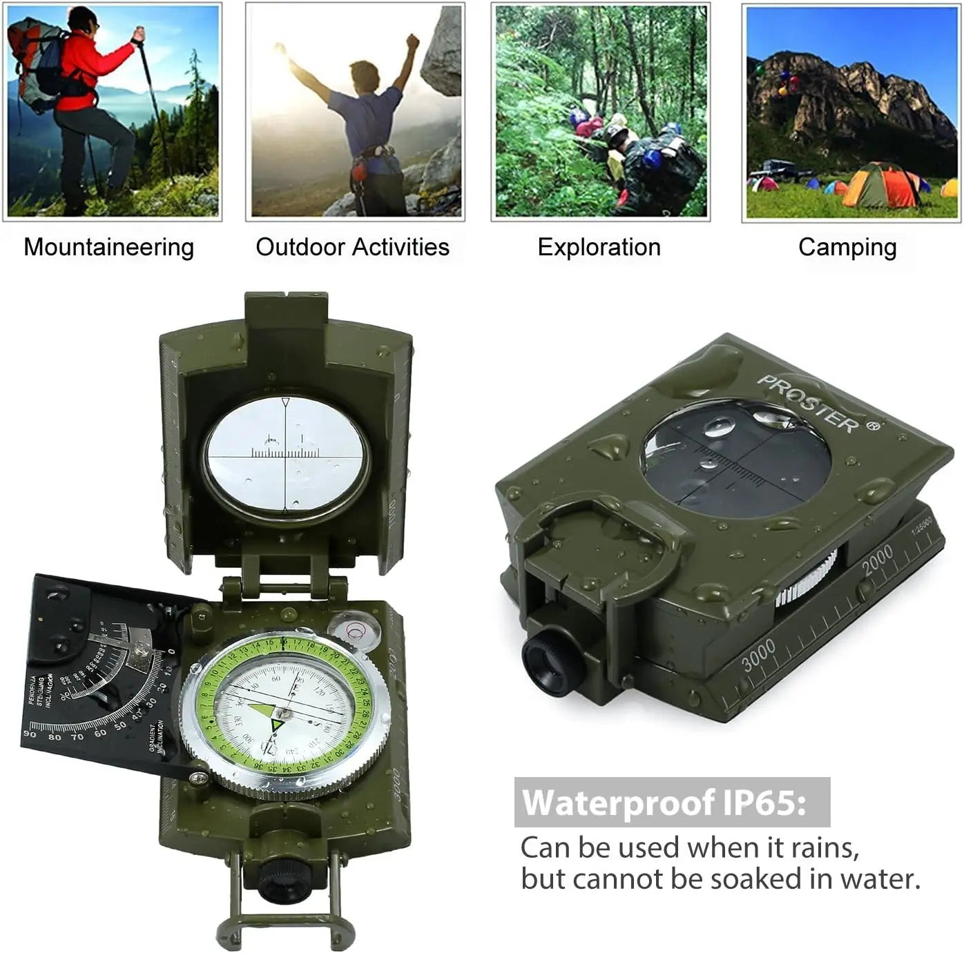 Waterproof Hiking Compass with Fluorescent Scale - Compass Navigation with Clinometer & Carry Bag Military Compass